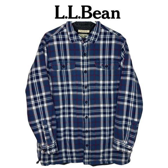 L.L. Bean Flannel Jacket Shirt Men's Button Down Fleece Lined Blue Plaid XL Reg - Picture 1 of 9